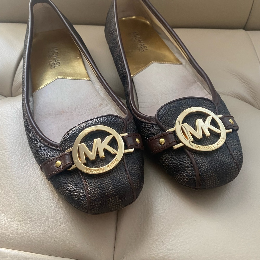 Michael Kors Dark Brown Leather Loafers with Gold Accents
